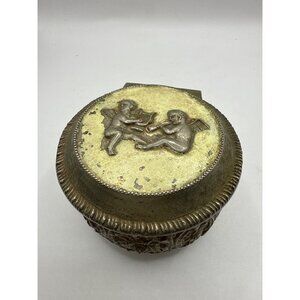 Vintage Japan Cherub Trinket Box With Hinged Lid & Ornate Floral Details
